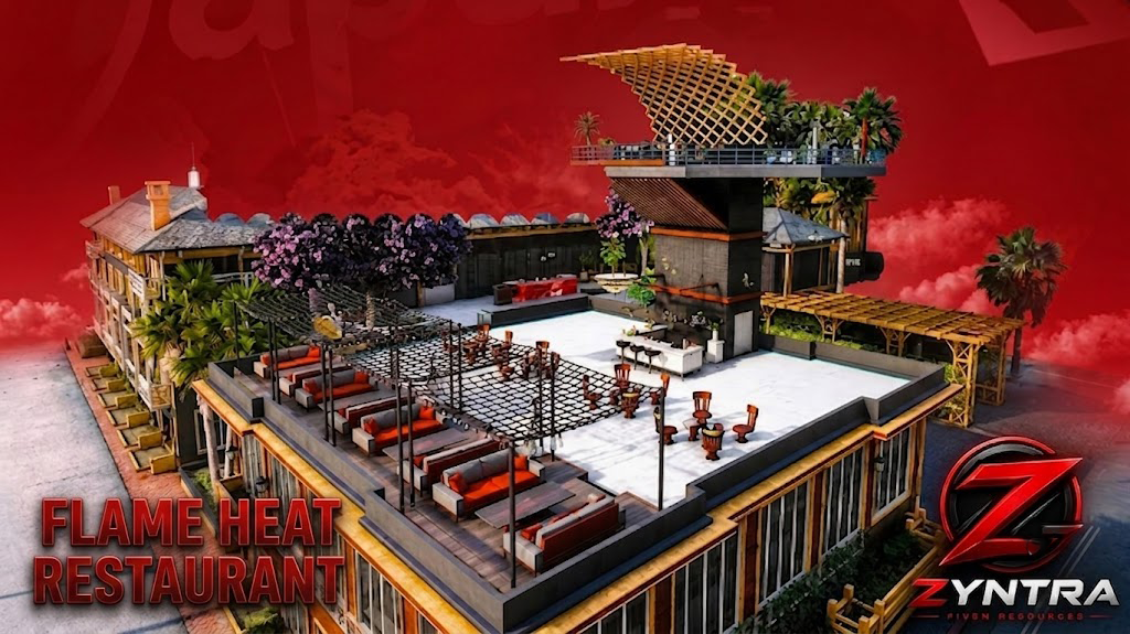 Flameheart Restaurant MLO mit Dachterrasse, Lounge und Bar in rotem Licht